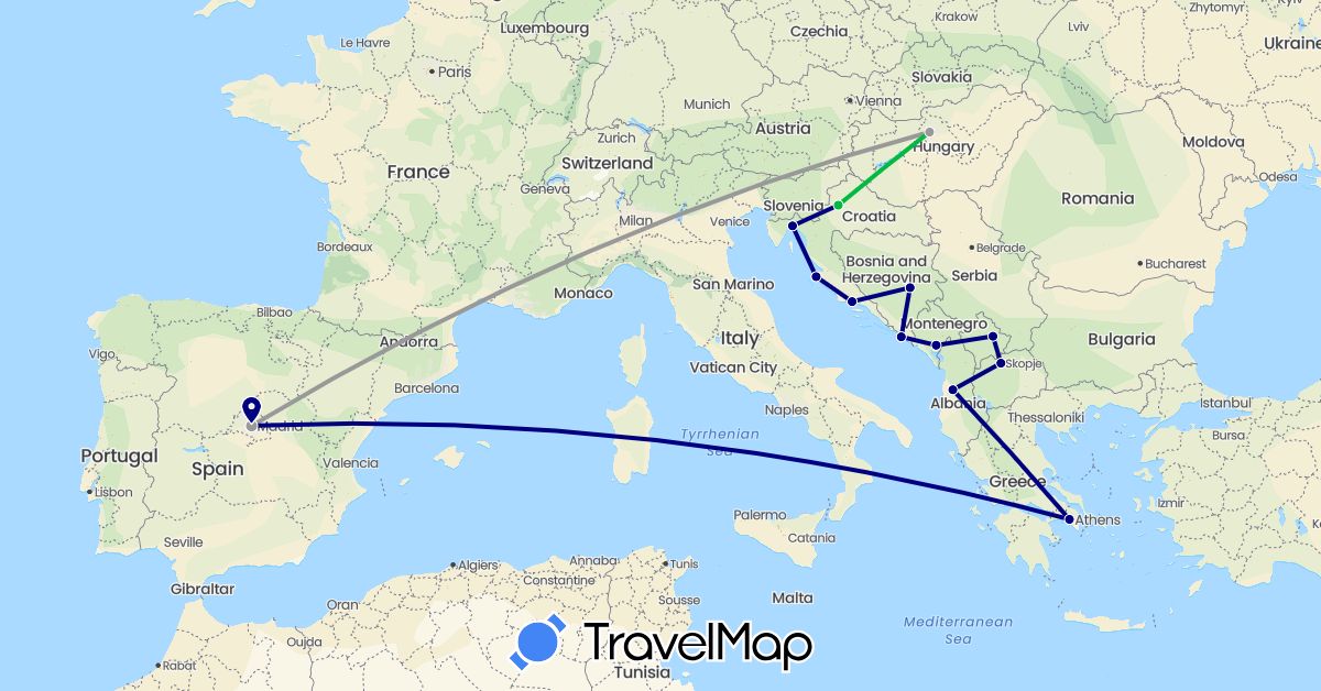 TravelMap itinerary: driving, bus, plane in Albania, Bosnia and Herzegovina, Spain, Greece, Croatia, Hungary, Montenegro, Macedonia, Kosovo (Europe)
